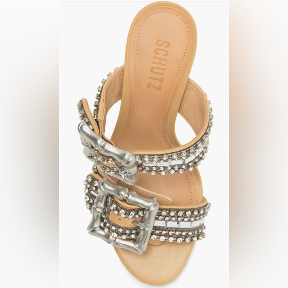NWT | Schutz Women's Enola Crystal Buckle Strap Shine Leather Sandal - Picture 5 of 11